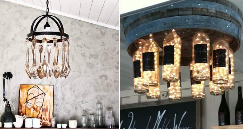 exemples de chandeliers faits d'ustensils et de bouteilles de vin